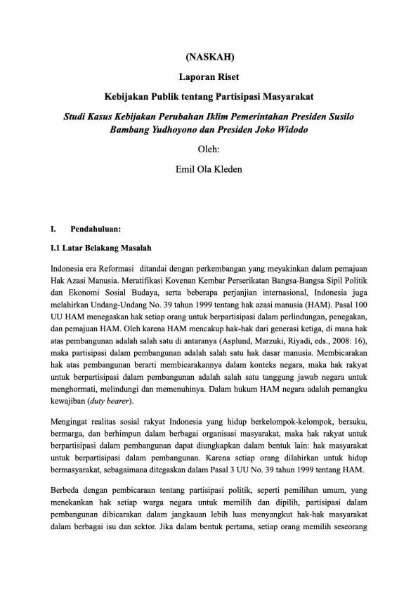 (NASKAH) Kebijakan Publik tentang Partisipasi Masyarakat - Studi Kasus Kebijakan Perubahan Iklim Pemerintahan Presiden Susilo Bambang Yudhoyono dan Presiden Joko Widodo